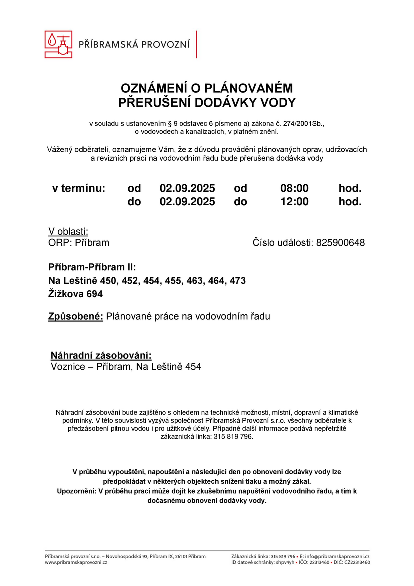 Oznámení o plánovaném přerušení dodávky vody Příbram Na Leštině